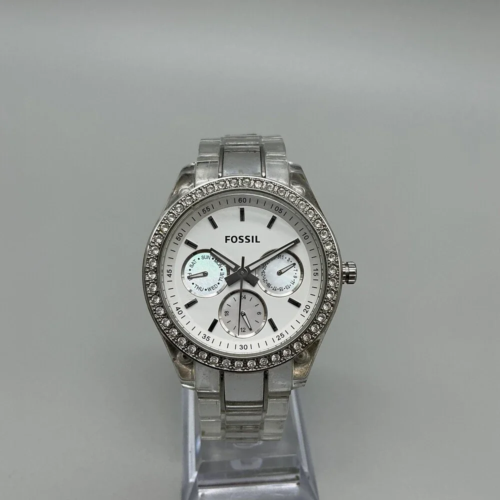 Fossil ES2364 Womens Watch 38mm MOP Clear Bracelet Crystals Date New Batt 7